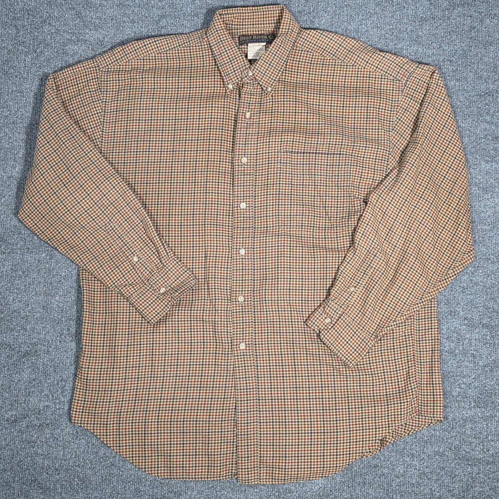 Deep River Trading Company Mens XL Plaid Button Down Shirt Tan Navy Cotton Long
